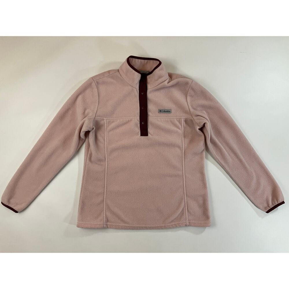 Columbia Women M Pink Fleece Pullover Snap Neck Burgundy Trim Benton Springs